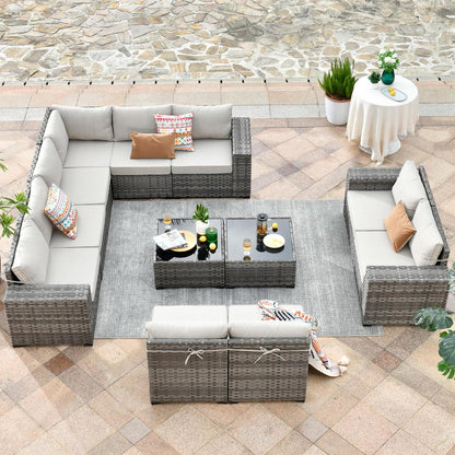 HOOOWOOO 12 Piece Modular Patio Outdoor Sectional Furniture Sofa Set,Wicker Conversation Set,Out Door Couch Set with Wide Arm for Outside All Weather(Beige)