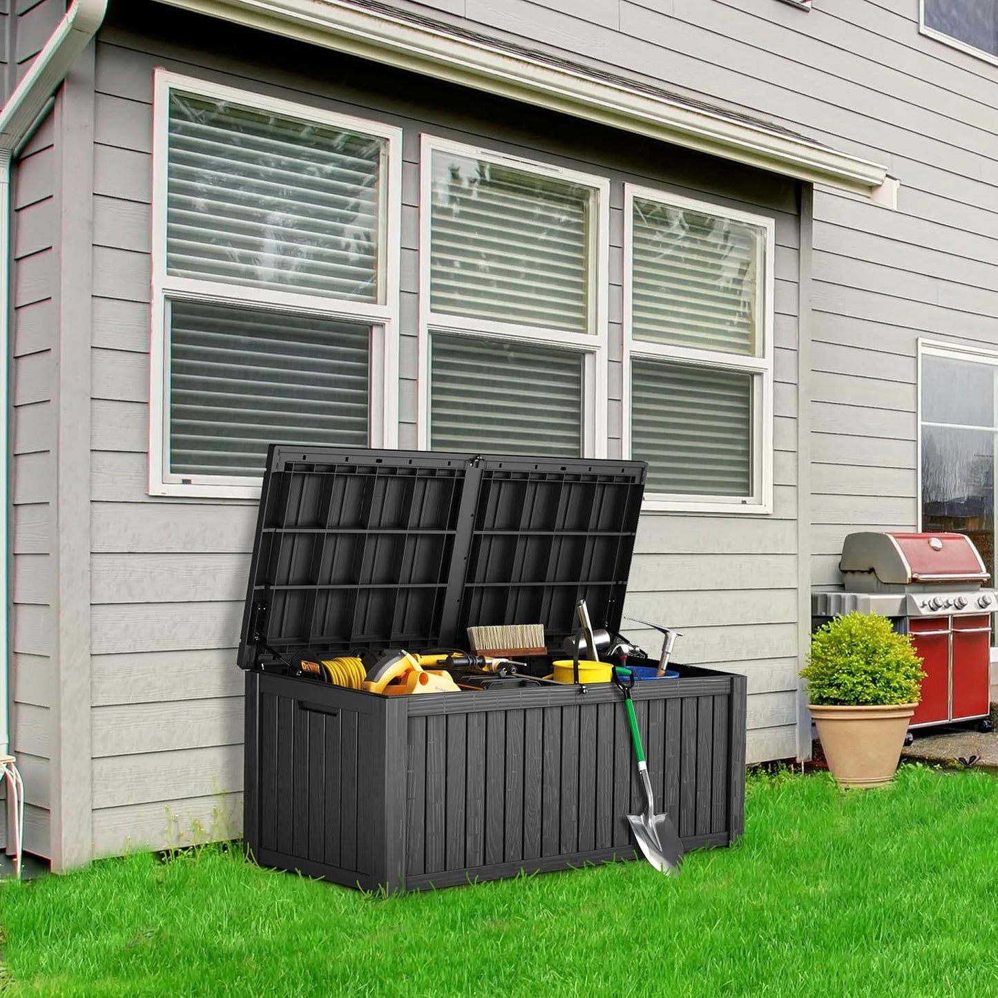 180 Gallon Patio Storage Box - Waterproof Deck Boxes & Outdoor Storage Deck Box, Lockable Resin Chest for Pool/Garden Tools, UV-Resistant, Black