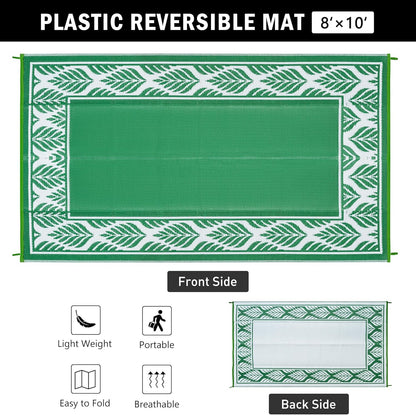 8x10 Patio Waterproof Outdoor Rug Outrside Camping Carpet RV Area Rug Reversible Green Rugs for Deck Entryance Porch Picnic Balcony Beach