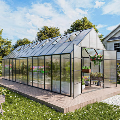 CDCASA 10x28 FT Greenhouse for Outdoors,Large Easy Assembly Thicker Aluminum Polycarbonate Greenhouses w/6 Windows, Double Door, Walk-in Green House for Outside,Patio,Backyard,Garden
