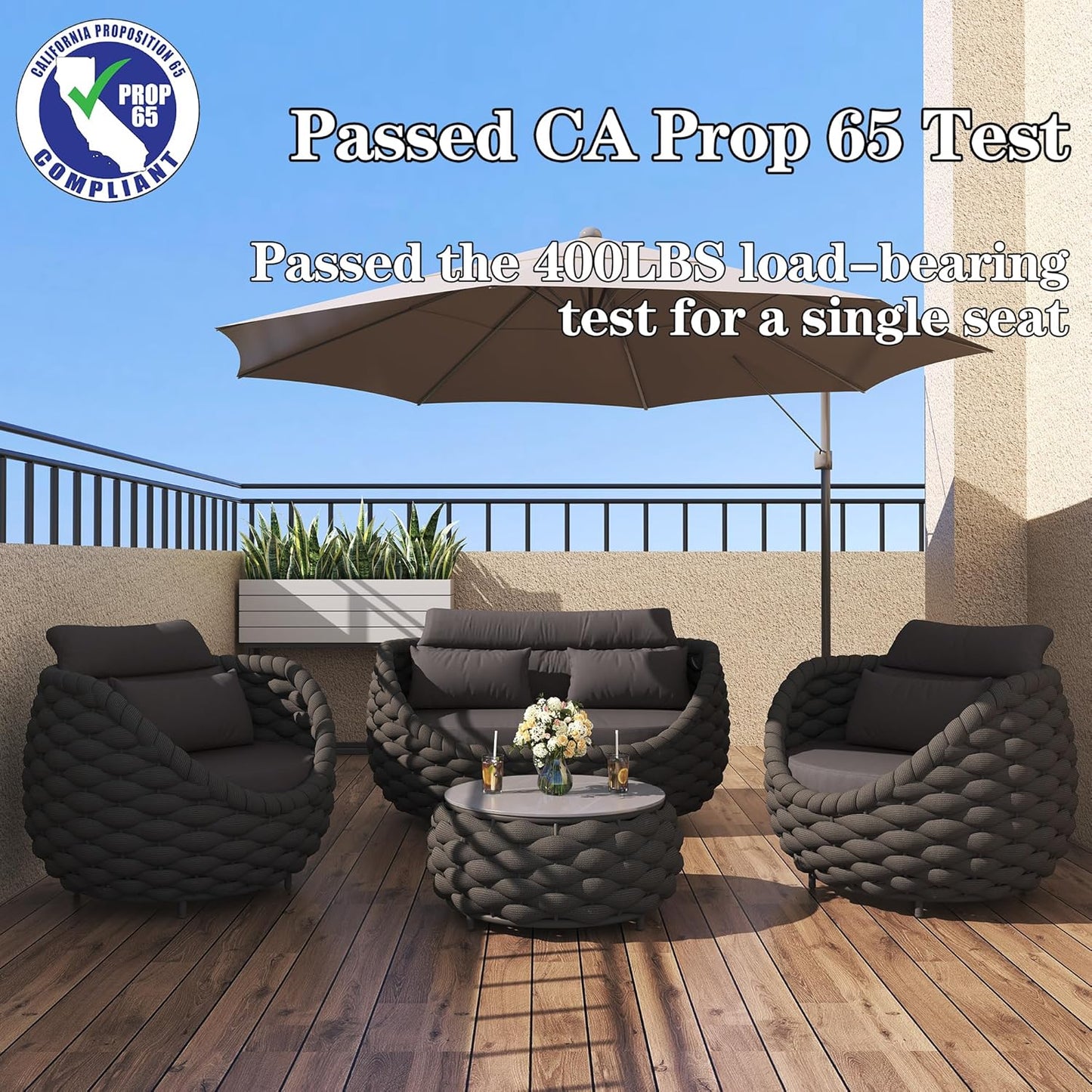 TWT Patio Furniture Set 4 Pieces Aluminum Outdoor Furniture w/27.8in Coffee Table,Patio Conversation Set with Hand Woven Polyester Rope for Backyard Garden Poolside,Dark Gray