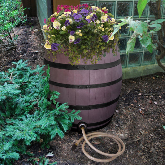 Rescue 50-Gallon Whiskey Rain Barrel with Black Bands – Includes Planter, Rain Water Diverter, Outlet Hose – Flatback Design – Brown