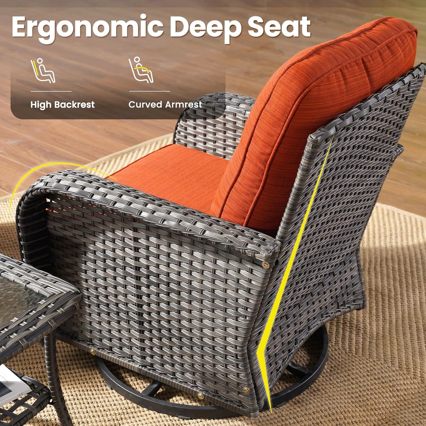 ovios 3 Pieces Patio Furniture Set, Outdoor Rocking Chairs of 2, Wicker Swivel Glider Chairs with Side Table Thick Cushions, All Weather Rattan Bistro Set for Porch, Orange Red