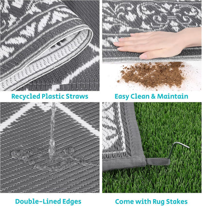 HEBE Outdoor Rug Waterproof 9x12, Reversible Plastic Straw Rug RV Camping Rug, Indoor Outdoor Patio Mat Clearance, Outside Carpet for Porch,Deck,Camper,Balcony,Backyard,Picnic