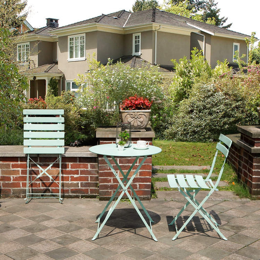Grand patio 3-Piece Steel Foldable Bistro Set, 2 Chairs and 1 Table, Weather-Resistant Outdoor/Indoor Conversation Set for Patio, Yard, Garden-Macaron Blue