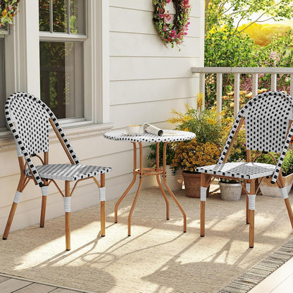 Tangkula 3 Piece French Bistro Table Chair Set, Outdoor Wicker Round Table & 2 Dining Chairs with Metal Support, Outside Accent Dining Furniture Set for Garden, Balcony, Porch
