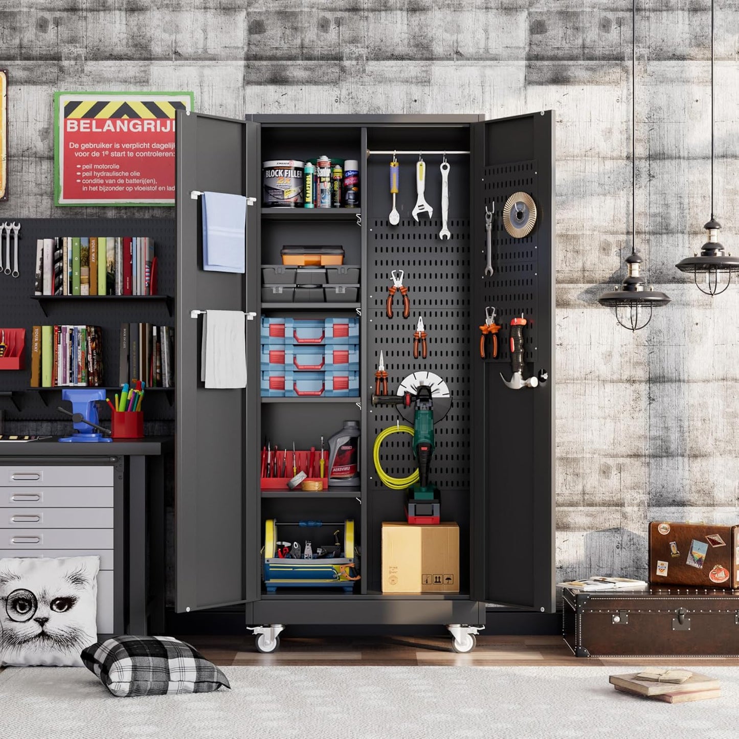 Garage Storage Cabinet with Wheels, Metal Tool Cabinet with Pegboards and 4 Adjustable Shelves, Garage Storage System with Lockable Door for Shools, Offices, Gyms and Pantries, Black