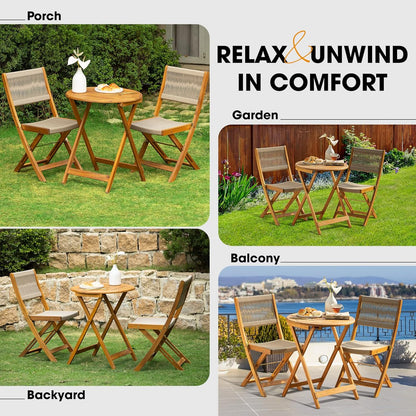 IDZO Wood Rope Design Heavy Duty 400lbs Capacity Patio Bistro Set 3 Piece Outdoor, Folding Chairs with Elegant