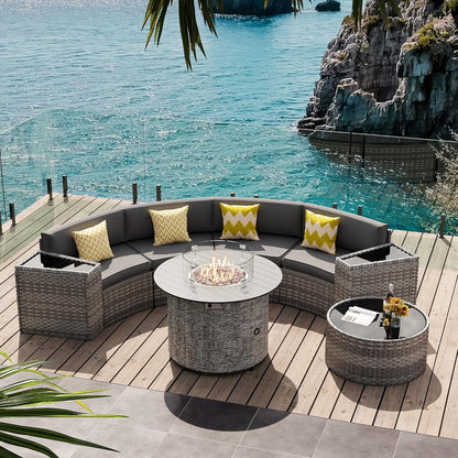 Patio Sectional Furniture Outdoor 8-Piece Grey Rattan Curved Sofa Set with Fire Pit Table,Storage Table,Pillows,Fit for Pool Backyard Balcony Porch Lawn (Grey)
