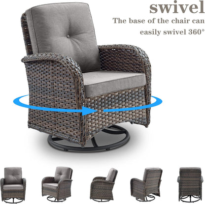 Small Conversation Sets Patio Funiture - 5 Piece Outdoor Swivel Rocker Wicker Furniture Sets with Ottomans Side Table Perfect for Patio Deck Backyard, Brown Wicker Grey Cushion