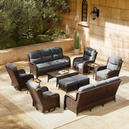 HILLGA Luxury Patio Furniture Set with 6-inch Thick Cushion, Outdoor Couch and High Back Swivel Rocker Patio Chairs, 11PCS Wicker Conversation Set for Deck Yard and Poolside, Dark Grey (V2)