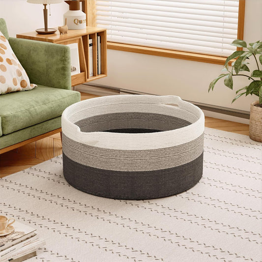 125L Extra Large Blanket Basket, 25" x 16", Jumbo Laundry Woven Baskets Decorative Home, Cotton Rope Basket with Handles, Baby Toy Baskets for Storage, Gradual Gray, 2PC