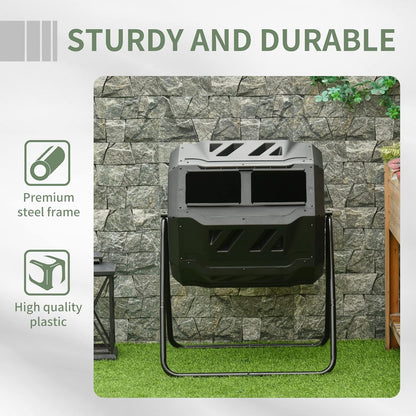 Compost Bin Outdoor, 43 Gallon Dual Chamber Tumbling Composting with Sliding Doors, Large Compost Tumbler, Compost Bin for Garden, Kitchen, and Yard Waste, Black