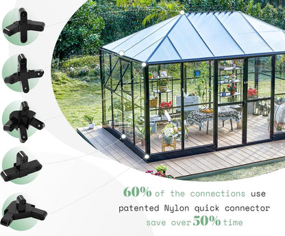 AMERLIFE 14x9.5x9 FT Hybrid Polycarbonate Greenhouse Quick Connector Fast Assembly, Swing 2 Doors Clear Panels, Walk-in Large Aluminum Greenhouse for Outdoors, Black
