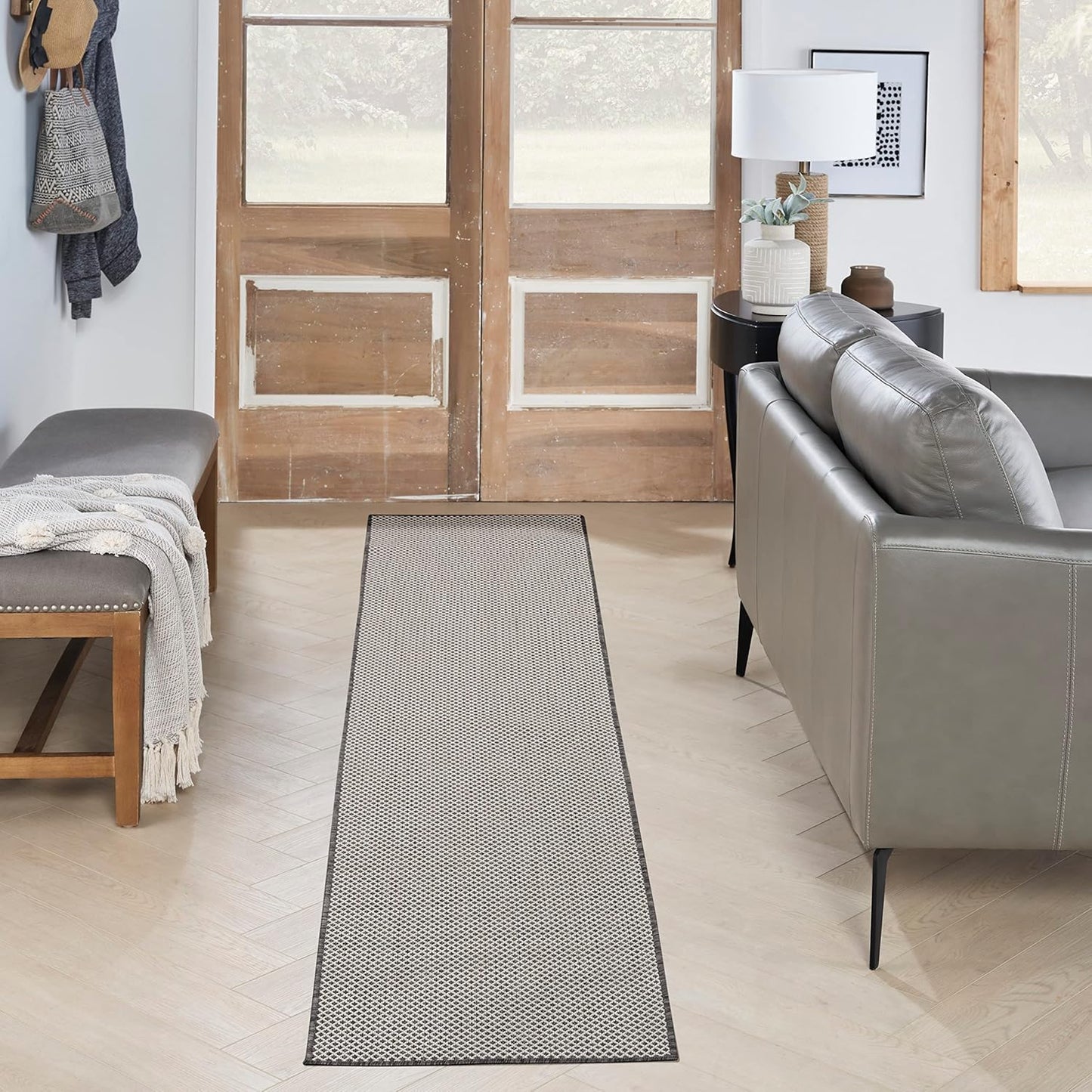 Nourison Home Courtyard 10' Runner Ivory Charcoal Fabric Modern Area Rug (10' Runner)