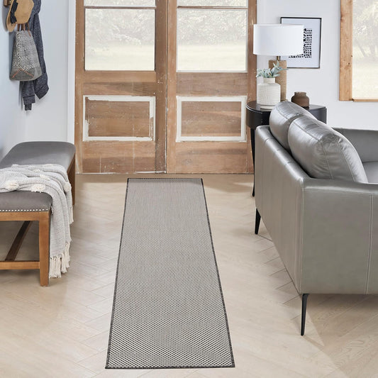 Nourison Home Courtyard 10' Runner Ivory Charcoal Fabric Modern Area Rug (10' Runner)