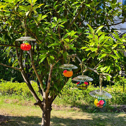 Small Glass Hummingbird Feeders for Outdoors Hanging - 4PC X Mixed Color Hand Blown Glass Pumpkin Nectar Feeding + Rain Cover, 2 Flowers Feeding Ports, Decor for Garden/Backyard Outside