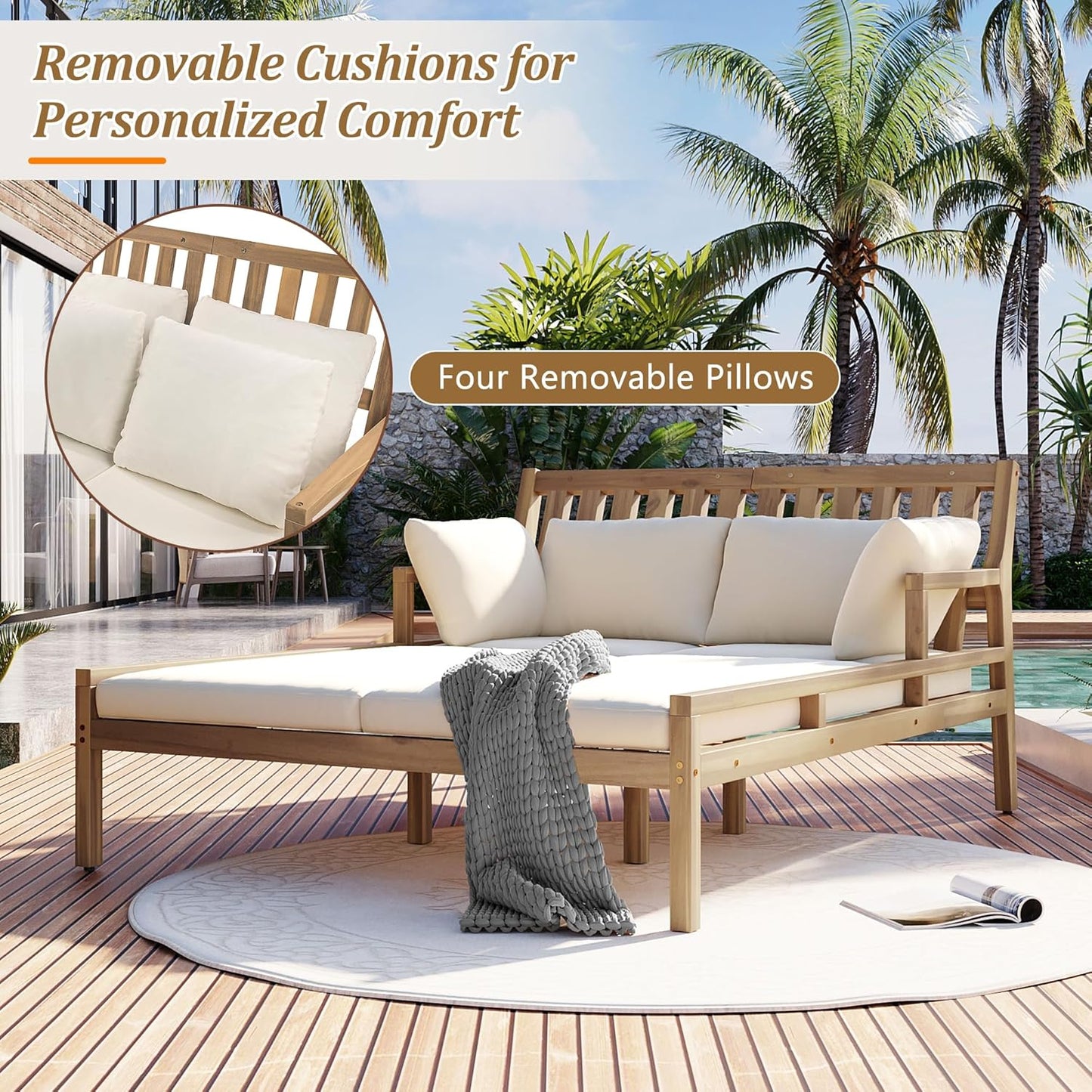 Merax Outdoor Daybed, 3 Seater Acacia Wood Daybed, Patio Day Bed with Four Pillows, Wooden Outdoor Bed with Curved Armrests for Poolside, Backyard, Garden, Light Teak