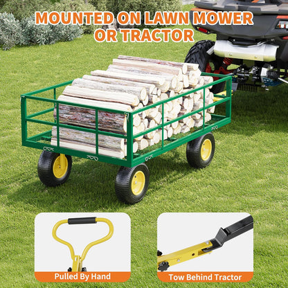 3-in-1 Heavy-Duty Steel Garden Cart, 1200 Lbs Garden Wagon, with 13 Inch All-Terrain Tires and Removable Mesh Side Panels, 180° Rotating Handle, Metal Utility Yard Trailer, Outdoor Gardens Wagon Cart