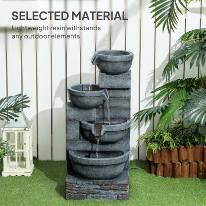 Outsunny 30" Tall Outdoor Waterfall Fountain with LED Lights, 4-Tier Resin Cascading Water Bowls with Pump, Gray