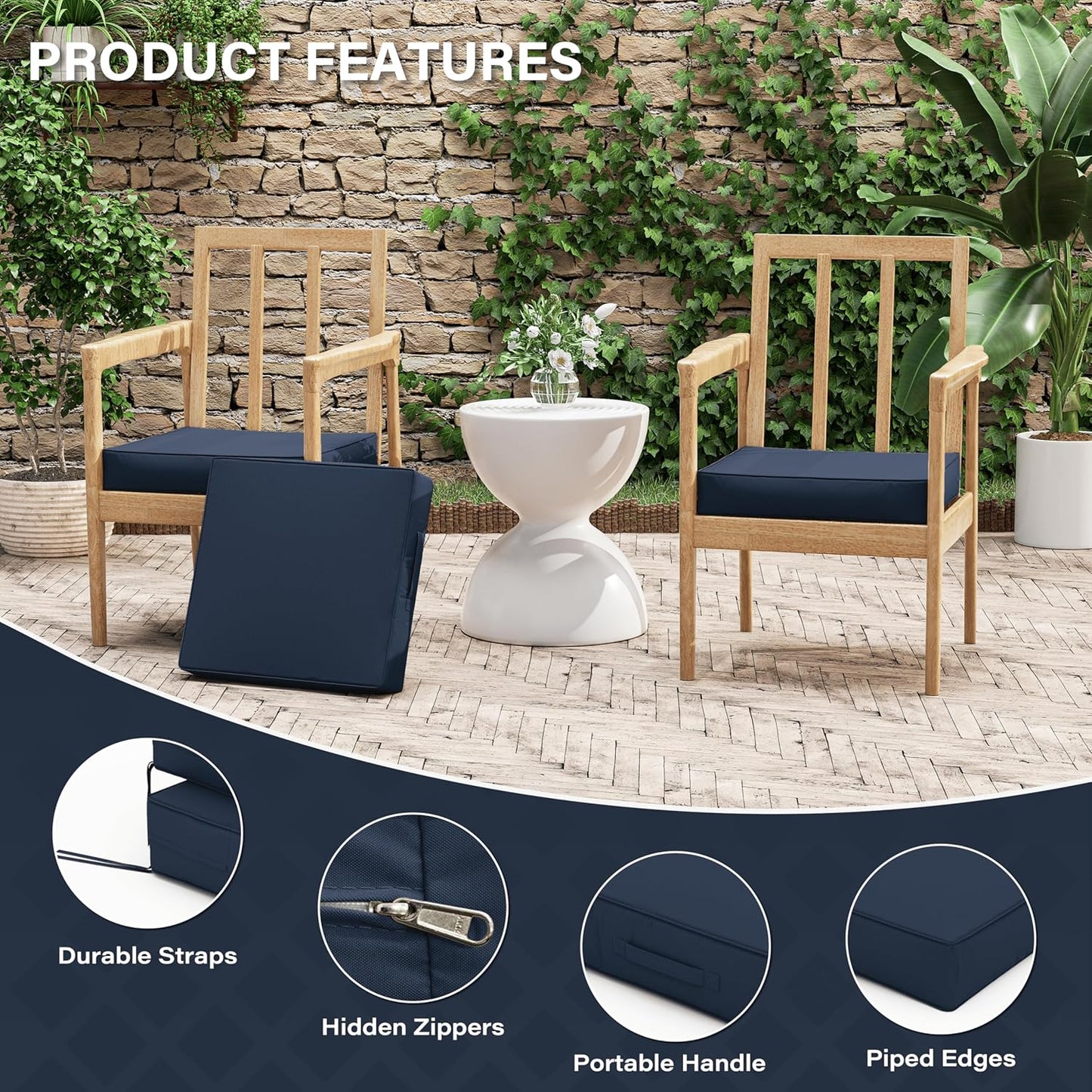 Patio Chair Cushions 17 X 16 X 3 Inch Waterproof Outdoor Seat Cushions for Patio Furniture, Outdoor Sofa Couch Pads with Ties & Handle, Set of 2, Navy Blue