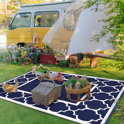 GENIMO 4' x 6' Outdoor Rug Waterproof for Patio Decor, Foldable Reversible Plastic Straw Area Rugs Mat for Camper, Outside Carpet for Rv, Deck, Porch, Picnic, Beach, Balcony, Blue & White