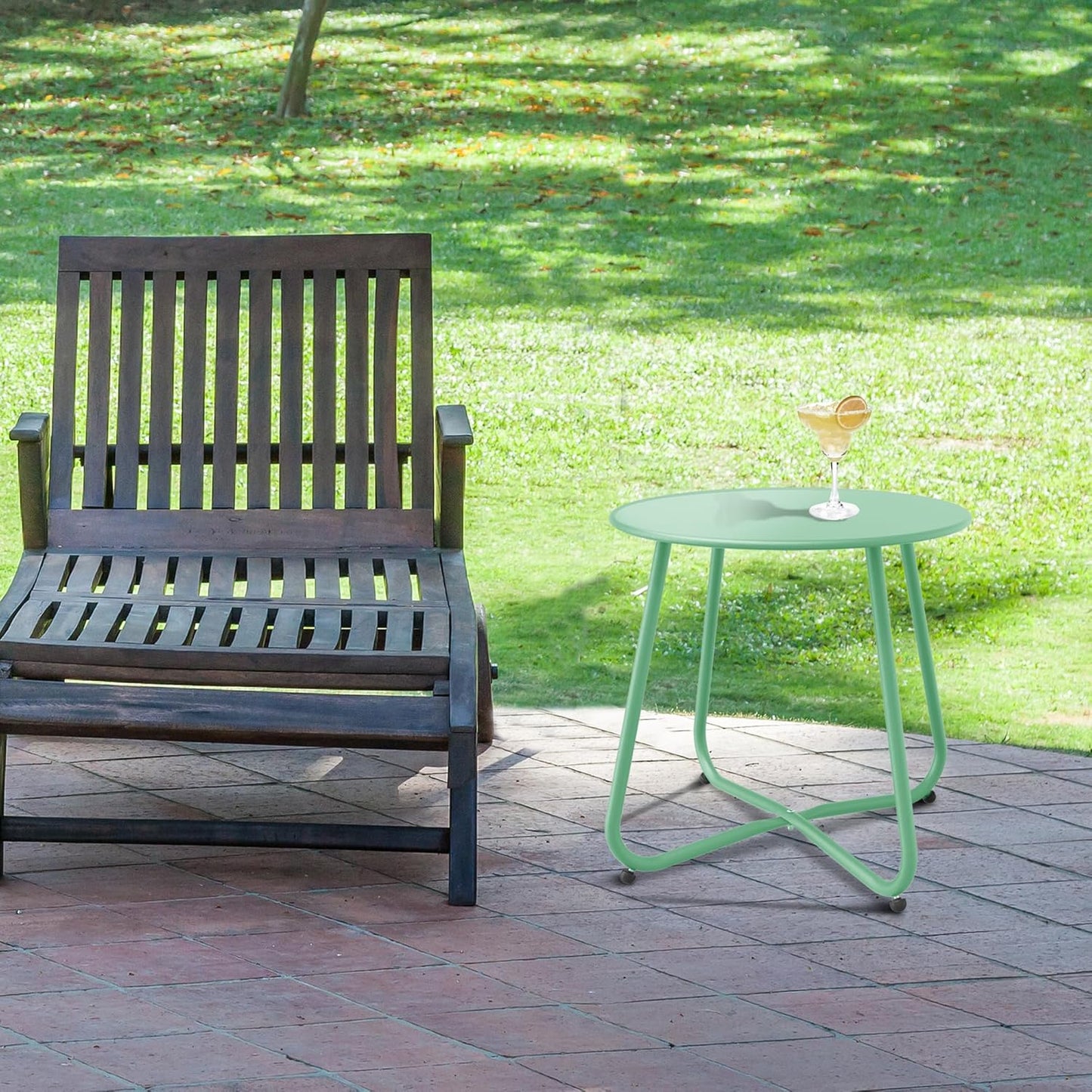 Patio Side Table Waterproof Round Metal Steel Weather Resistant Portable Outdoor and Indoor End Table for Garden Balcony Yard, Bean Green