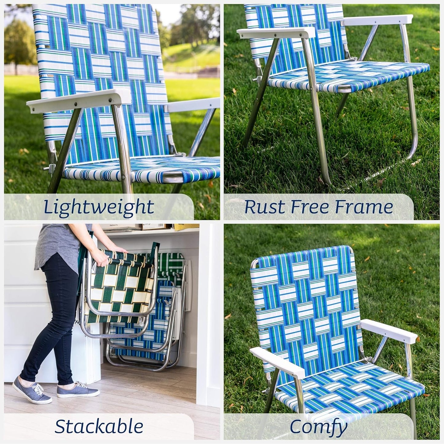 Lawn Chair USA Folding Aluminum Outdoor Patio Lawn Chair | Heavy-Duty Webbed Chairs for Camping, Sports, Beach, Yard & Tailgating | Lightweight Portable | Classic - Tan Stripe with White Arms