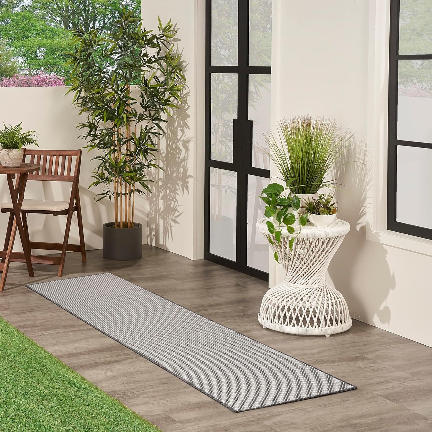 Nourison Home Courtyard Ivory Charcoal 2' x 6' Area Rug Easy Clean, Non Shedding, Bed Room, Living Room, Dining Room, Kitchen (6' Runner)