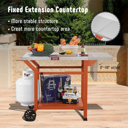 Outdoor Grill Table, 40’’x20’’ Movable Pizza Oven Stand for Outdoor BBQ Food Prep, Stainless Steel Countertop Grill Cart with Storage Shelf & Foldable Extension Table, 6 Extra Hooks