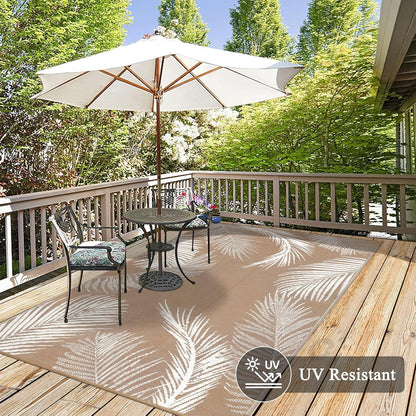 Pauwer Waterproof Outdoor Rug 5x8, Reversible Plastic Straw Patio Camping Rug, Indoor Outdoor RV Mat Carpet for Deck, Camper, Porch, Balcony, Backyard, Picnic, Leaf Brown