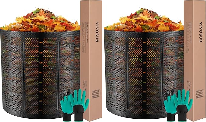 VIVOSUN 300 Gallon Outdoor Compost Bin, Expandable Composter, Easy to Setup & Large Capacity for Backyard, Lawn (Black with Gloves) (Pack of 2)