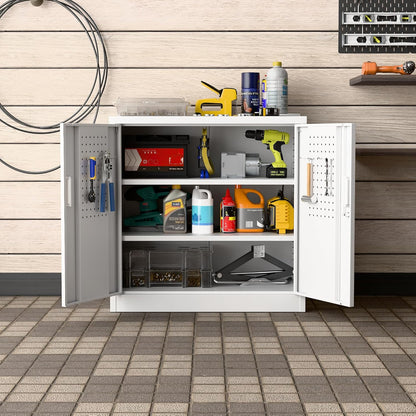 Metal Garage Storage Cabinet with Lock and Pegboard, Steel File Cabinets with 2 Lockable Doors and 2 Adjustable Shelves for Home, School, Office, Garage, Assembly Required, White