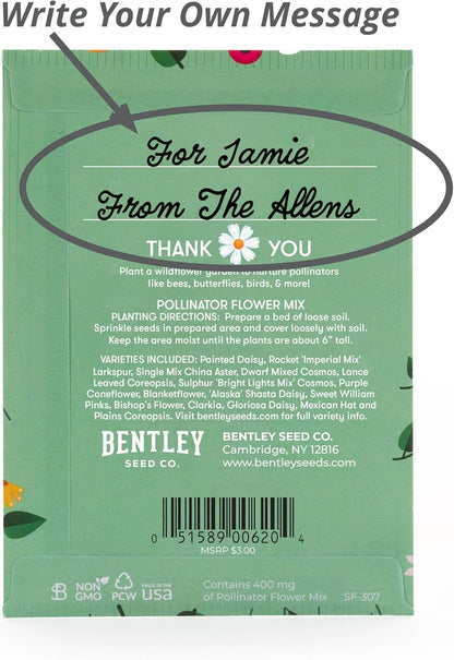 Bentley Seed Co. Thank You Packet - Pollinator Flower Mix - 25 Seed Packets - Perfect Eco-Friendly Thank You Gift - Non GMO Seeds, Green
