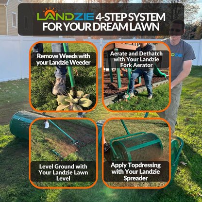 Landzie - The Original Spike Tine Fork Lawn Aerator - 42 Inch Manual Stainless Steel Gardening Hand Tool - Grass Dethatcher Aerator Lawn Tool with Solid Tines for Compacted Soil