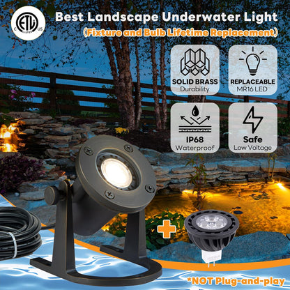 Submersible Pond Light - 12V Low Voltage IP68 Waterproof, Solid Brass Underwater Light with 2700K MR16 LED Bulb, for Water Fountains, Waterfalls, Pool and Outdoor Landscape Lighting(4 Pack)