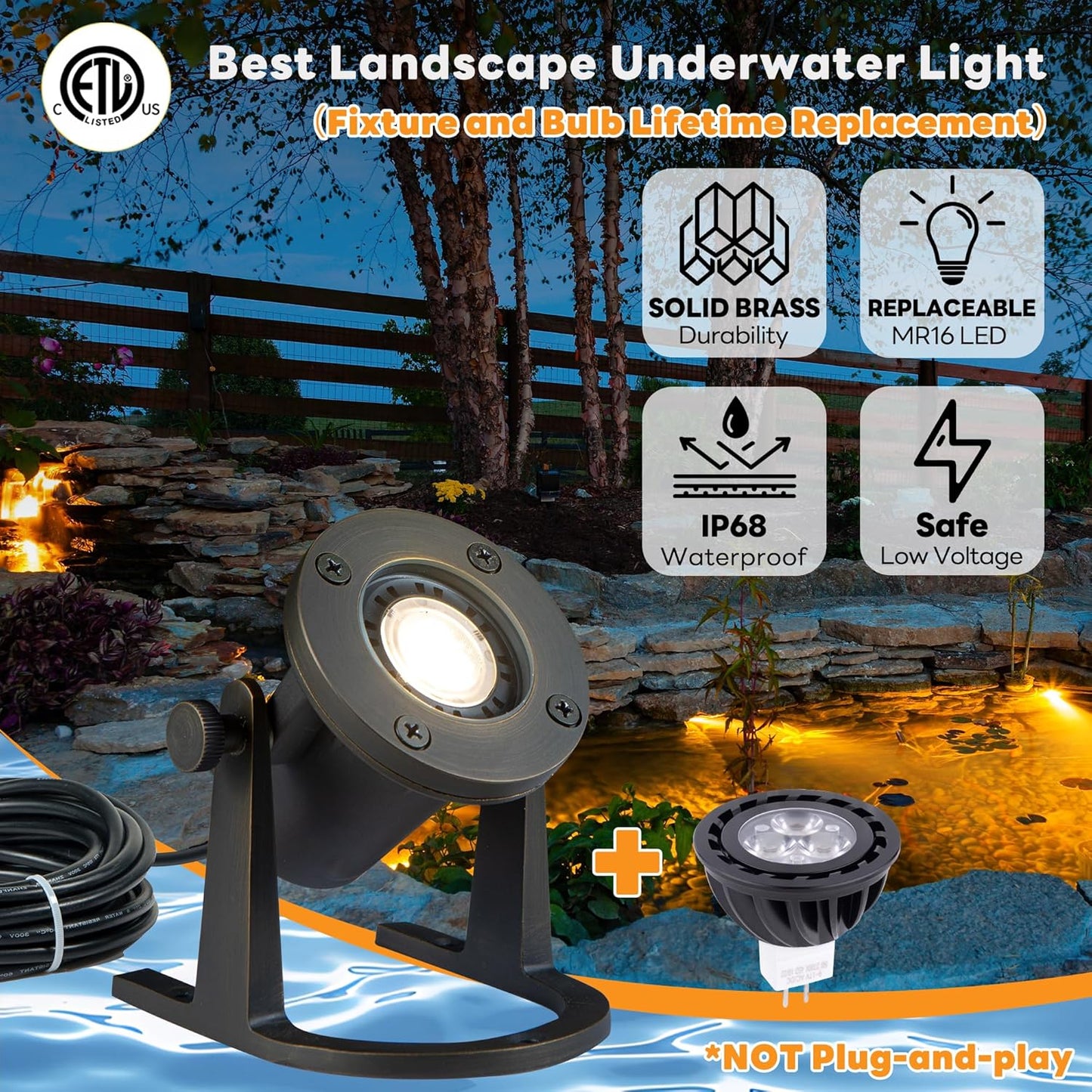 Solid Brass Underwater Pond Light - 12V Low Voltage IP68 Submersible Bronze Fixture, with 3000K MR16 LED for Outdoor Pond Fountain Waterfall Landscape Lighting(12 Pack)
