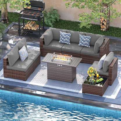 UDPATIO Patio Furniture Set with Fire Pit Table, 8 Piece Outdoor Sectional Modular Sofa, Wicker Outdoor Furniture Conversation Sets with Waterproof Cover for Backyard Deck (Brown/Dark Grey)