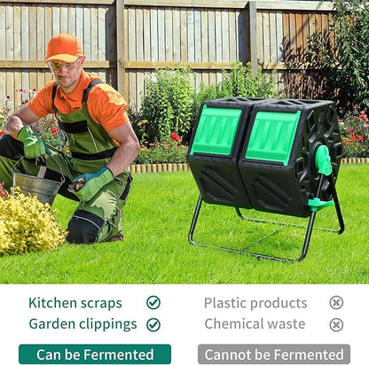 YITAHOME Large Outdoor Dual Chamber Compost Bin, 37 Gallon Rotating Composter Tumbling with 2 Sliding Doors and Aeration System, Garden Compost Tumbler (2x18.5 Gallon,Green)
