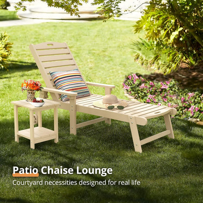 LUE BONA Chaise Lounge Chairs Set with Table, 3-Piece, 79'' Oversized HDPS Material, 5 Positions Adjustable Patio Lounge Chairs, Pool Lounge Chair with Wheels for Poolside, 3-Year Warranty, Sand
