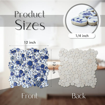 Blujellyfish Blue & White Pebble Tile Porcelain Mosaic Tiles for Art Deco (Pack of 5)