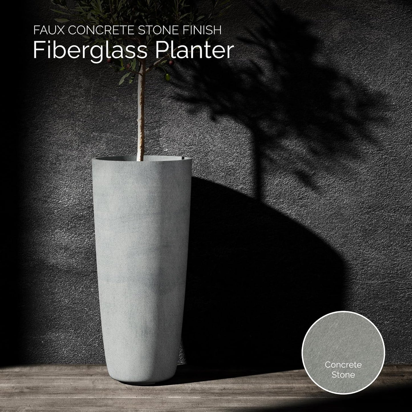 Lofto Tall Planter – Concrete Stone Finish – Fiberglass Indoor/Outdoor and Weather-Resistant Large Planter (16.5" D x 36.4" H Exterior, 15.3" D x 36.2" H Interior)