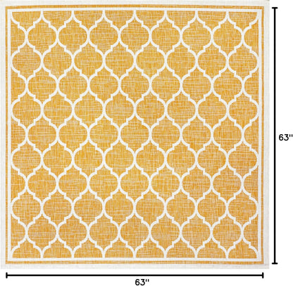 Eyely BMS109F-5SQ Santa Monica Trebol Moroccan Trellis Textured Weave Indoor/Outdoor Area Rug Coastal;Bohemian, Bedroom, Backyard, Patio, Easy-Cleaning, Non-Shedding, 5' Square, Yellow/Cream
