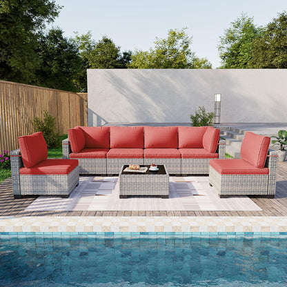 7-Piece Patio Furniture Set, Outdoor Sectional with Thick Cushions, Modular Patio Sofa, Dual-Strand Wicker Rattan, Rust-Resistant Frame, Backyard Furniture for Garden, Deck, Red
