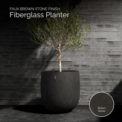 Mondo Large Planter – Brown Stone Finish – Fiberglass Indoor/Outdoor and Weather-Resistant Round Planter (33" D x 31.3" H Exterior, 31.5" D x 30.7" H Interior)
