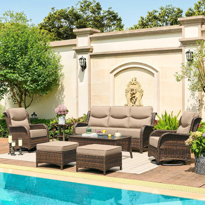 HILLGA Luxury Patio Furniture Set with 6-inch Thick Cushion, Outdoor Couch and High Back Swivel Rocker Patio Chairs, 7PCS Wicker Conversation Set for Deck Yard and Poolside, Beige (V2)