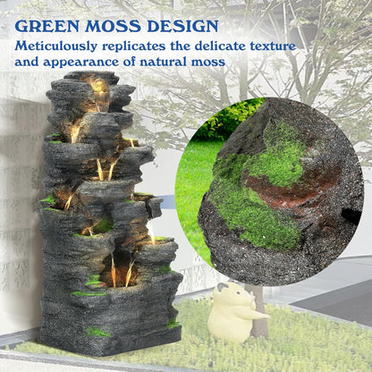 TITIMO 10-Tier Cascading Rock Water Fountain Outdoor Garden Waterfall with Lights,Fountain Indoor Decor for Garden, Patio, Backyard, Deck, Porch and Home Art Decor