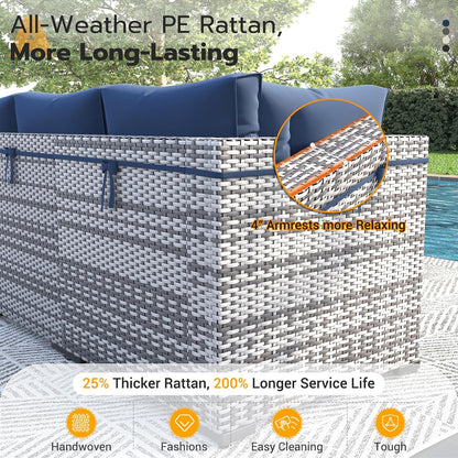 UDPATIO Patio Furniture Set with Fire Pit Table, 8 Piece Outdoor Sectional Modular Sofa, Wicker Outdoor Furniture Conversation Sets with Waterproof Cover for Backyard Deck(Grey/Navy Blue)