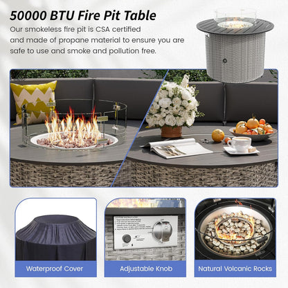 Patio Sectional Furniture Outdoor 12-Piece Grey Rattan Curved Sofa Set with Fire Pit Table,Storage Table,Pillows,Fit for Pool Backyard Balcony Porch Lawn (Grey)