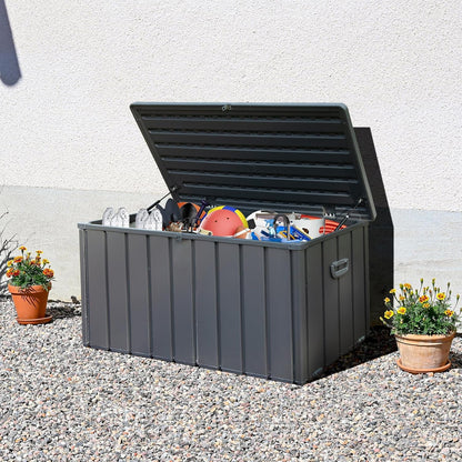 Domi Outdoor Deck Box 100 Gallon, Waterproof Lockable Steel Outdoor Storage Container with Resin Lid for Outside Cushions, Garden Tools and Pools Equipment (Gray)